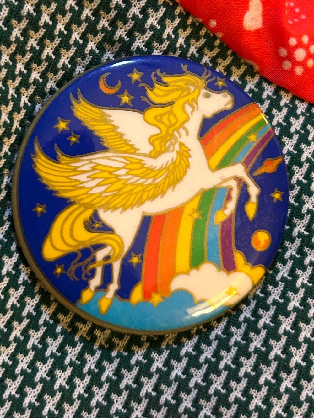 Vintage 1980 Pegasus Rainbow Moon and Stars Button Pin Badge 1.75 inches